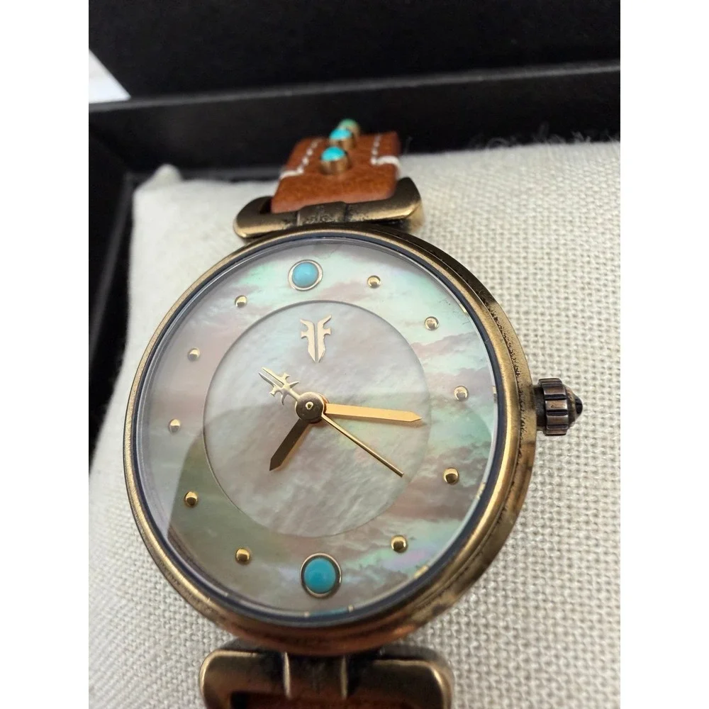Frye Women's Watch Mother of Pearl Turquoise Stud Leather Strap Box